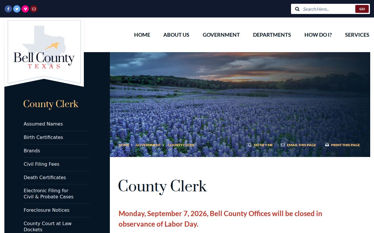 Bell County Clerk court records and index page